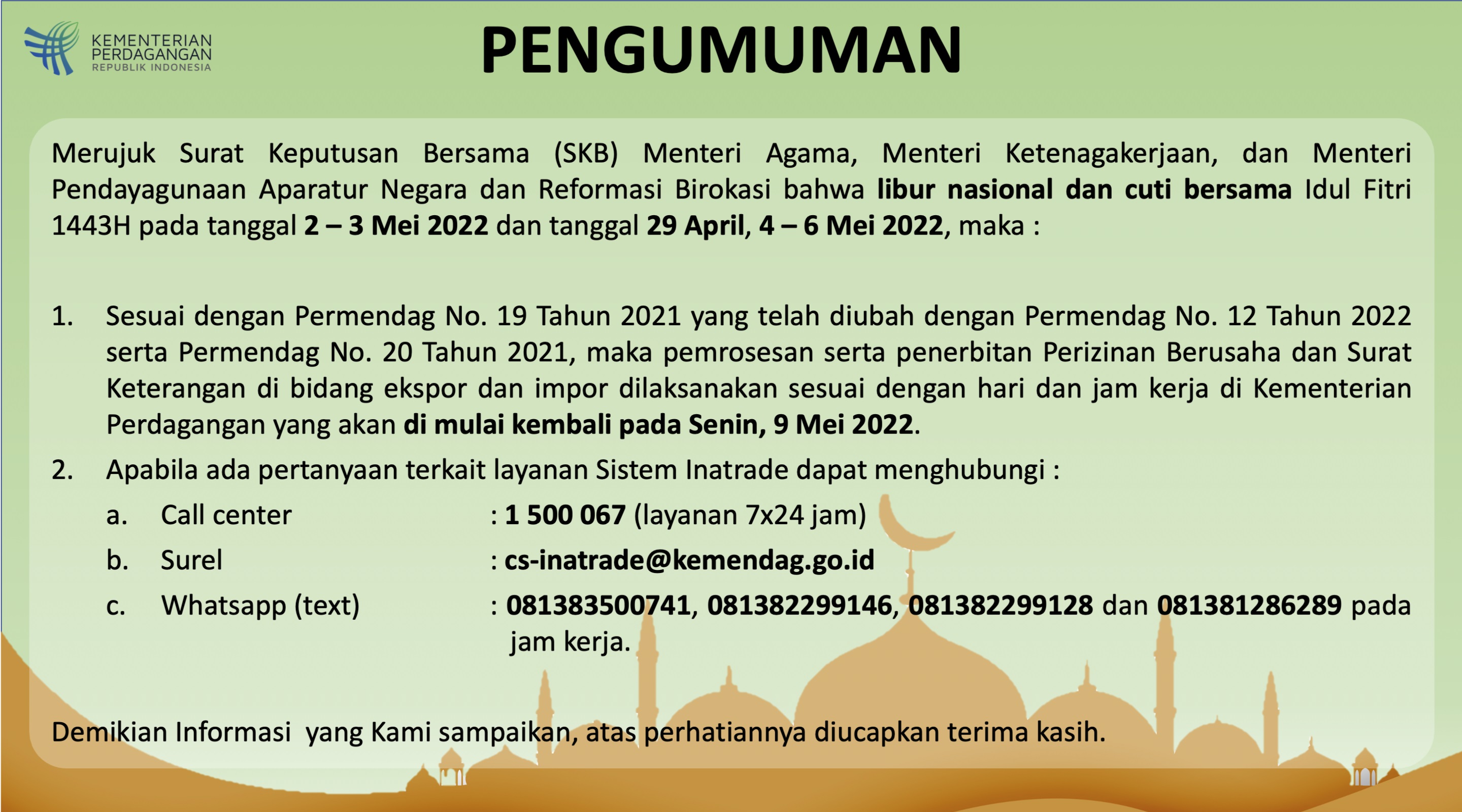 Pengumuman Libur Nasional Dan Cuti Bersama - Ditjen DAGLU